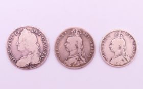 Three silver coins to include: an 1891 Queen Victoria double florin,