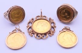 Three gold sovereigns within 9 ct gold pendant mounts (1880, 1899,