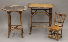 Two bamboo tables and a bamboo child's chair. The chair 60 cm high.