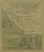 A Royal Life Saving Society Certificate, dated September 1930, framed and glazed.