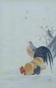 A Japanese print of Chickens, framed and glazed. 30 x 20.5 cm.
