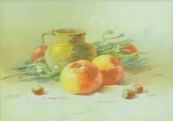 Still life of Fruit, a Fruit Mistletoe and a Jug, watercolour, framed and glazed. 23.5 x 33.5 cm.