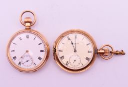 Two gold plated pocket watches (Elgin and Waltham). Each 5 cm diameter.
