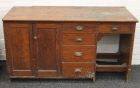 A large pitch pine desk/shop counter. 153 cm long x 85 cm high x 66 cm deep.