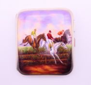 A 935 silver and enamel cigarette case decorated with a steeplechase scene. 8.7 x 7.5 cm.