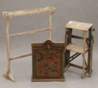 A small painted wall cupboard, a pine towel rail and a small pine step ladder. The towel rail 65.