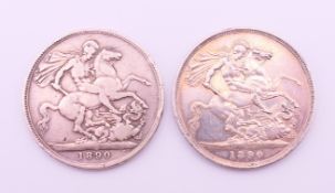 Two Victorian 1890 silver crowns.