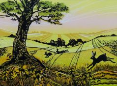 ROB BARNES, Summer Field with Hares, limited edition print numbered 14/45,