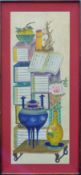 A Chinese watercolour of various objects including a vase and a censer, framed. 112 x 52 cm.