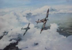 Four Battle of Britain prints, each signed by various WWII pilots,