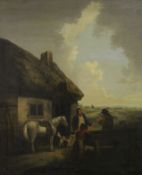 SUFFOLK SCHOOL (19th century), Thatched-Roof Cottage with Figures and a White Horse, oil on canvas,