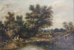 WILLIAM HAVELL (1782-1857) British, Figures by a Stream, oil on canvas, framed. 34 x 49 cm.