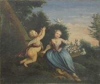 CONTINENTAL SCHOOL (19th century), Winged Cherub with Women in Pastoral Landscape, oil on canvas,