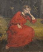 FRENCH SCHOOL (late 19th/early 20th century), Lady in Red Dress, oil on canvas, unframed.