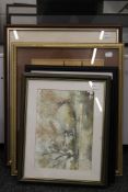 A quantity of various watercolours and an oil painting, each framed and glazed. The smallest 24.