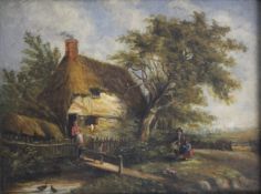 ENGLISH SCHOOL (19th century), Pastoral Scene with Figures near a Cottage, oil on board,