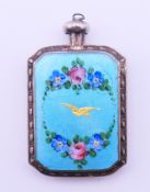 A guilloche enamel decorated sterling silver scent bottle pendant. 4.5 cm high.