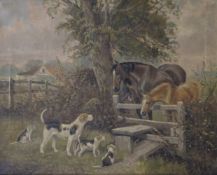 ENGLISH SCHOOL, Rural Scene with Horses and Hounds by a Stile, oil on canvas,