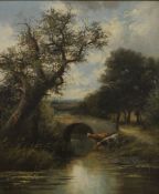 19TH CENTURY SCHOOL, River Landscape with Grazing Cattle by a Stone Bridge, oil on canvas, framed.