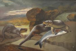 J A RUSSELL (late 19th century), Otters Feeding on a Large Fish on a Riverbank, oil on canvas,