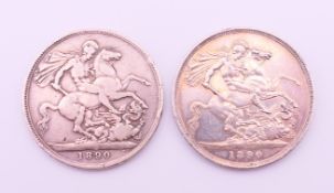 Two Victorian 1890 silver crowns.
