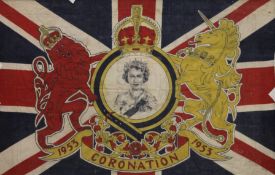 A 1953 Queen Elizabeth II Coronation flag, framed and glazed. 58 x 89.5 cm.
