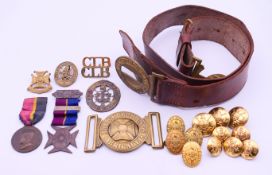 Various Church Lads Brigade (CLB) items including a leather belt with buckle, a buckle, medals,
