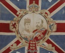 A 1902 Queen Alexandra and King Edward VII Coronation flag, framed and glazed. 69 x 84.5 cm.