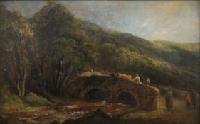 ENGLISH SCHOOL (19th century), Landscape with Figures and Cattle on a Bridge, oil on panel, framed.