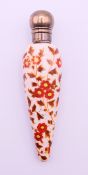 A Victorian silver mounted painted porcelain scent bottle. 13 cm high.