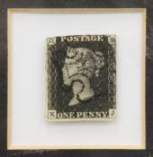 A framed Penny Black stamp. 27 x 22 cm overall.