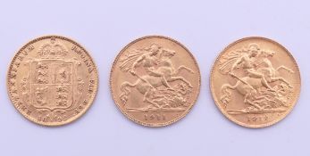 Three half sovereigns (Queen Victoria 1892, George V 1911, George V 1912).