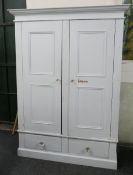 A modern duck egg blue-painted pine wardrobe. 145 cm wide x 196 cm high x 64 cm deep.