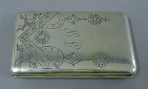 A Russian silver cigarette case with engraved decoration. 7.5 cm wide. 150 grammes.