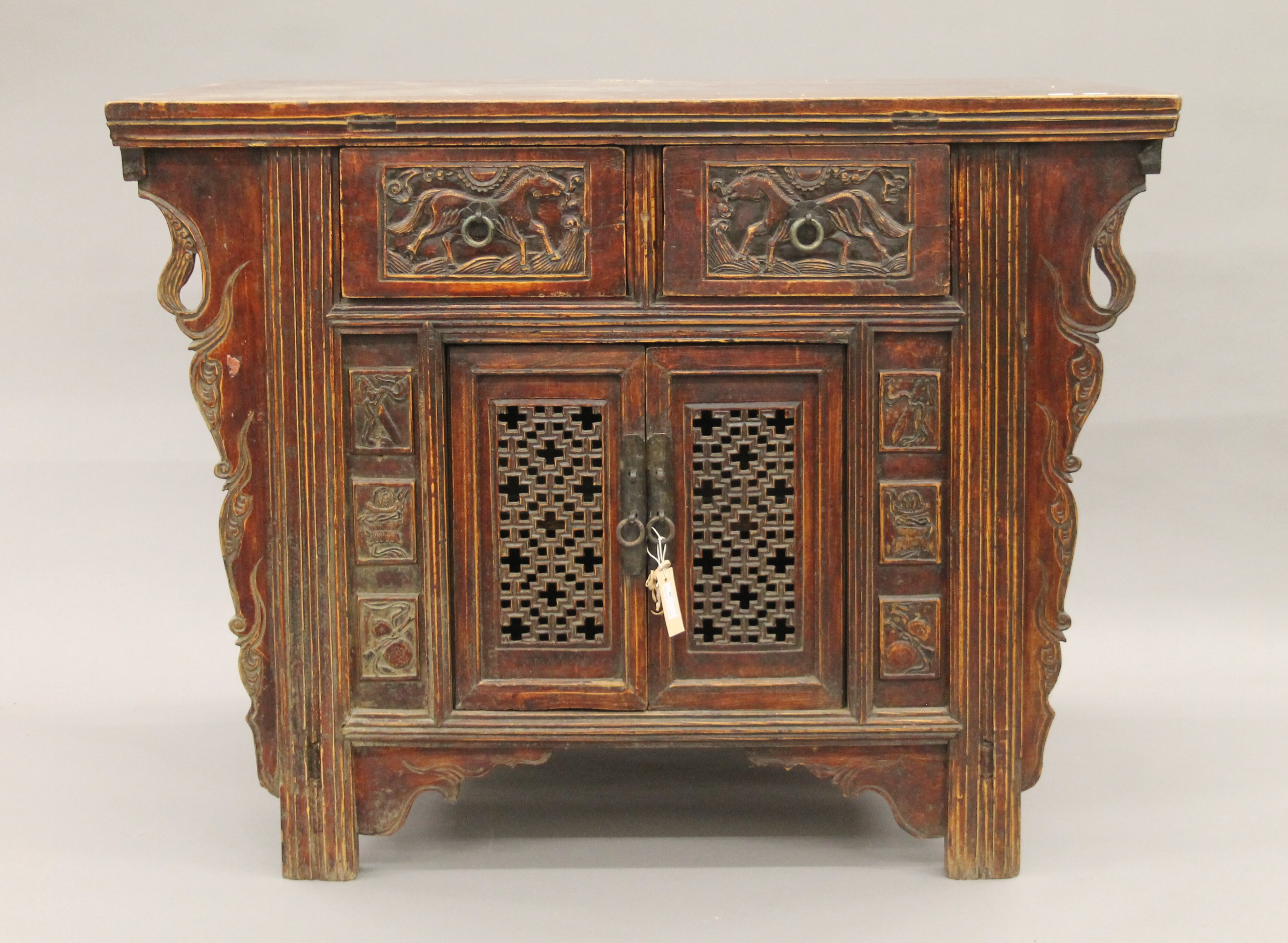 A 19th century Chinese elm side cupboard. 111 cm wide x 85 cm high x 79 cm deep. - Image 2 of 8