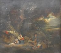 19TH CENTURY SCHOOL, Figures and a Donkey by a Fire in a Clearing, oil on panel, framed. 38 x 42.