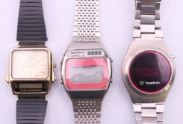 Three digital wristwatches (Casio, Zetron and Lambda). Casio 3 x 3.3 cm.