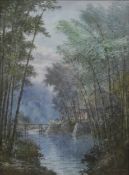 JAPANESE SCHOOL, River Scene with Trees and a Bridge in the Background, watercolour,