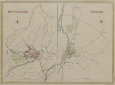 An 1840 engraved map of Newark and Nottingham, mounted. 20 x 26 cm.