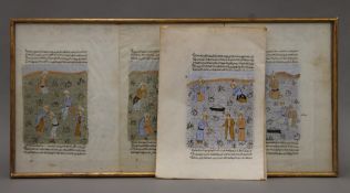Three framed 19th century Persian illustrated manuscript pages and three loose examples.
