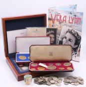 A collection of coins, including a boxed 1953 Queen Elizabeth II proof set,