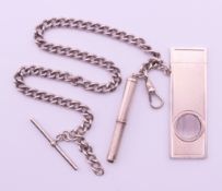 A silver Albert chain with silver cigar cutter and retractable toothpick.