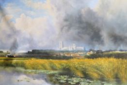 Ely Cathedral with Steam Train in Foreground, oil on canvas, signed D Masson. 105 x 145 cm overall.