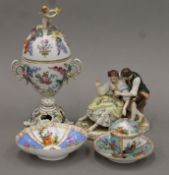 A small quantity of Continental porcelain including Dresden. The lidded vase 26 cm high.