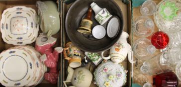 Three boxes of miscellaneous porcelain and glassware. The candlesticks 20 cm high.