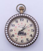 A pocket watch with portrait print to reverse. 5.8 cm diameter.