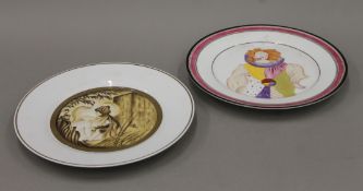 Two Russian porcelain plates, one decorated with a clown, the other with figures before a castle.