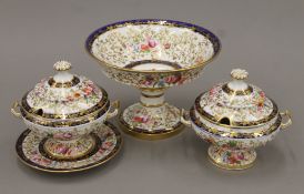 A 19th century painted porcelain tazza and two small tureens, one on a stand, possibly Coalport.