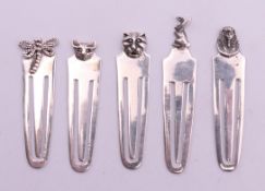 Five silver novelty bookmarks (cat, tiger, rabbit, dragonfly and pharaoh head).