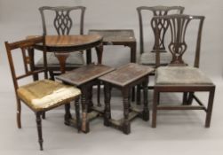 Two oak joint stools, three mahogany dining chairs, two side tables and an inlaid chair.